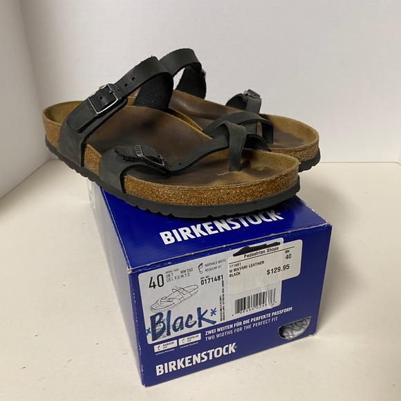 Birkenstock Size 40 Mayari Women Toe Loop Sandal Smooth Black Leather With Box - Picture 1 of 10